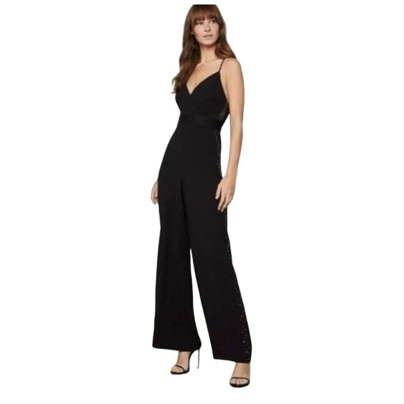 BCBG V-Neck Spaghetti Strap Wide Leg Black Satin Jumpsuit Small - Picture 1 of 6